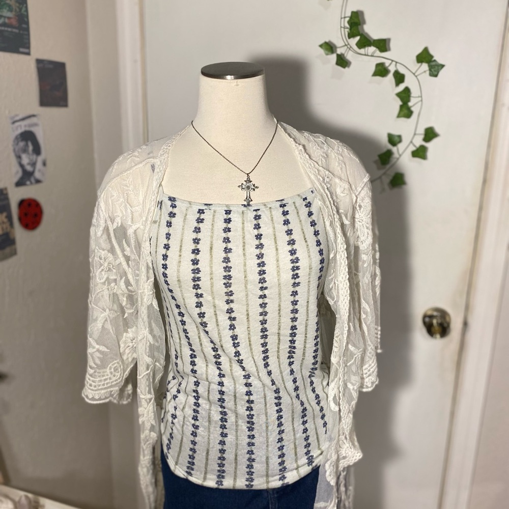 White and Blue Floral Patterned Women's Tank Top